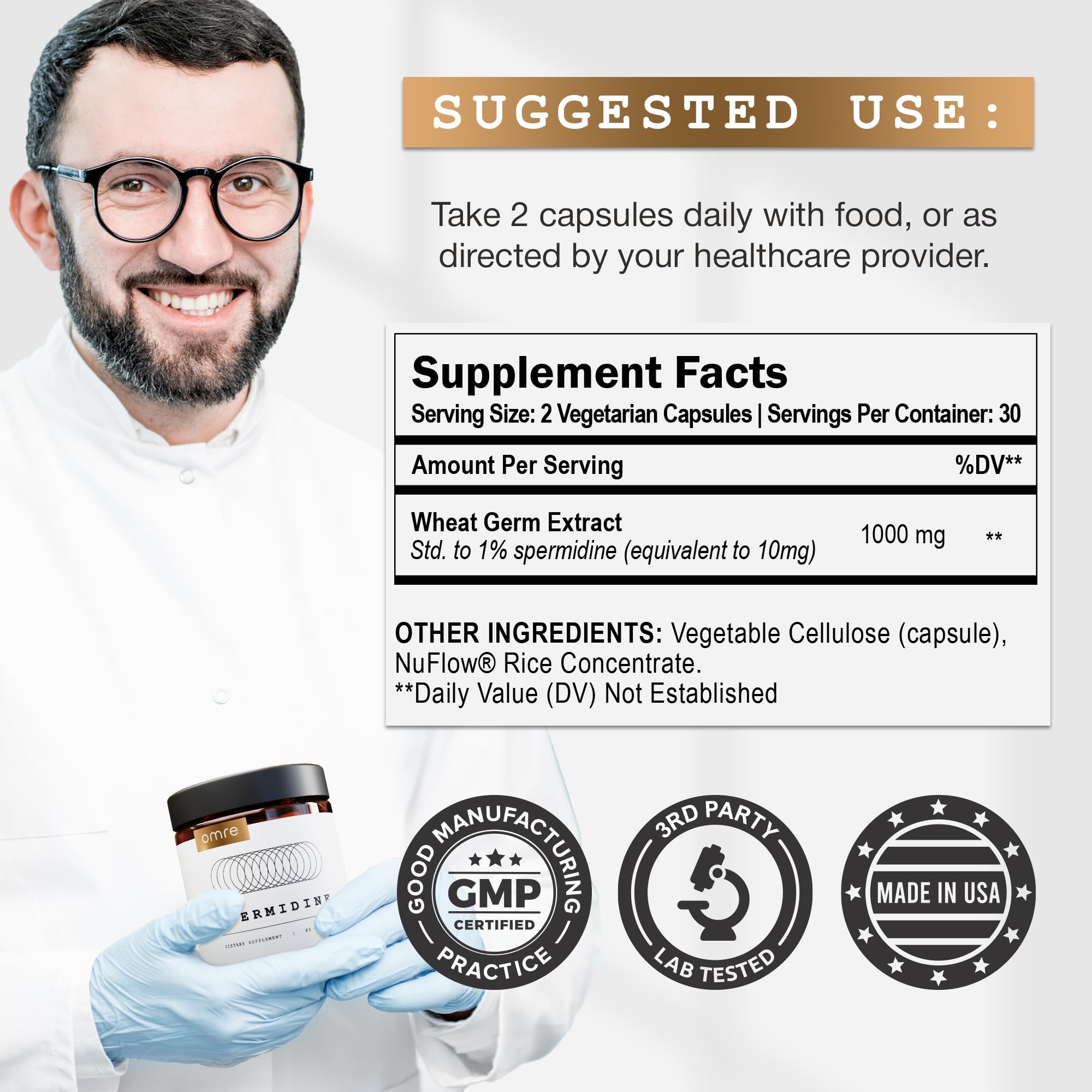 Two capsules of OMRE Spermidine supplement on a clean background