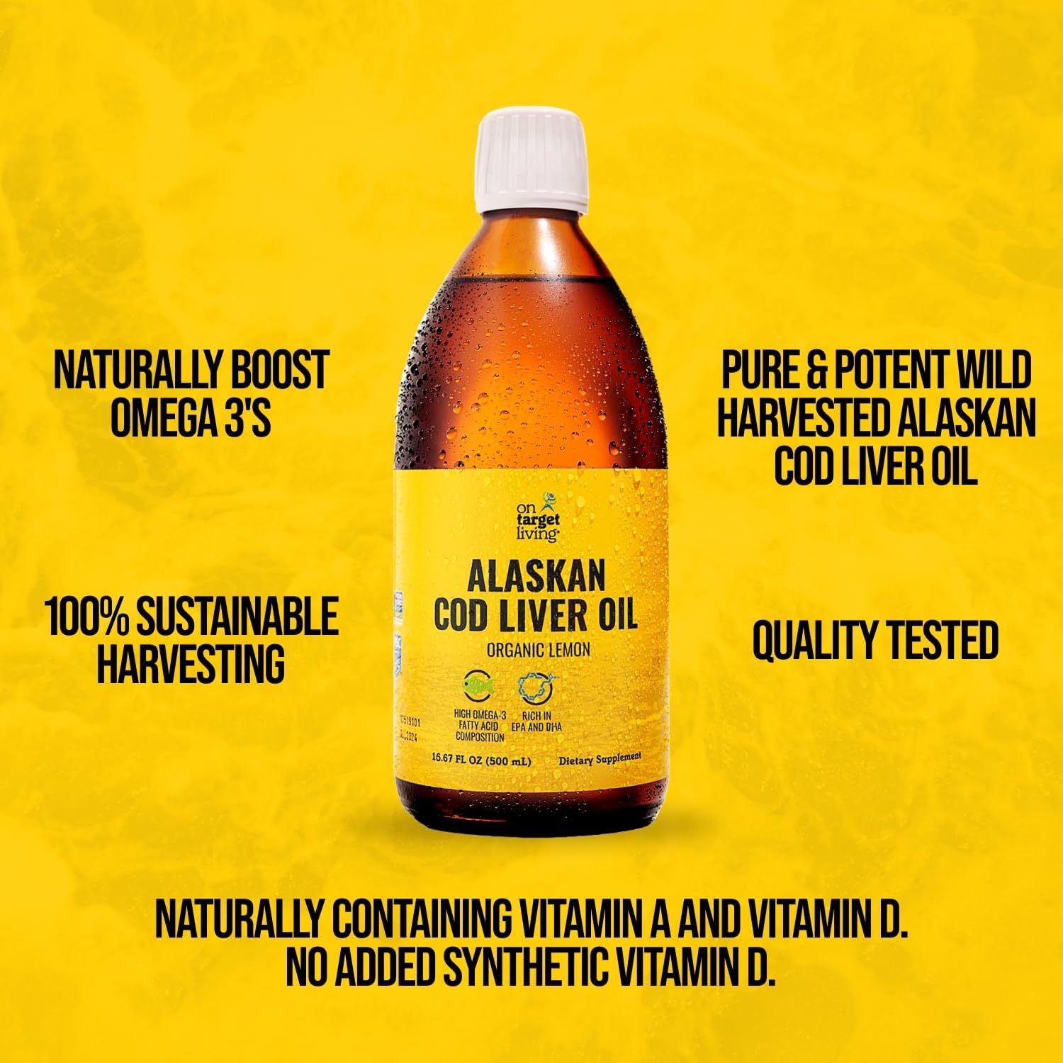 Illustration highlighting line-caught, USA-sourced cod liver oil