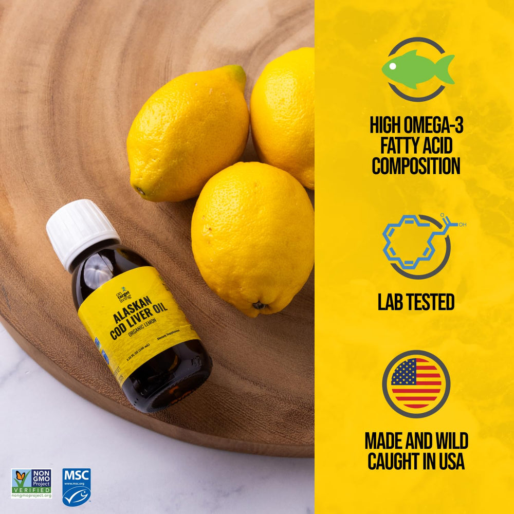 Cod liver oil bottle with Real Organic Lemon flavor label