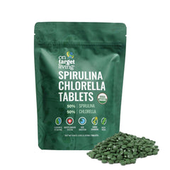 On Target Living Organic Spirulina Chlorella tablets bottle labeled USDA Organic