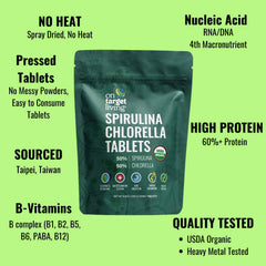 Close-up of spirulina and chlorella tablets