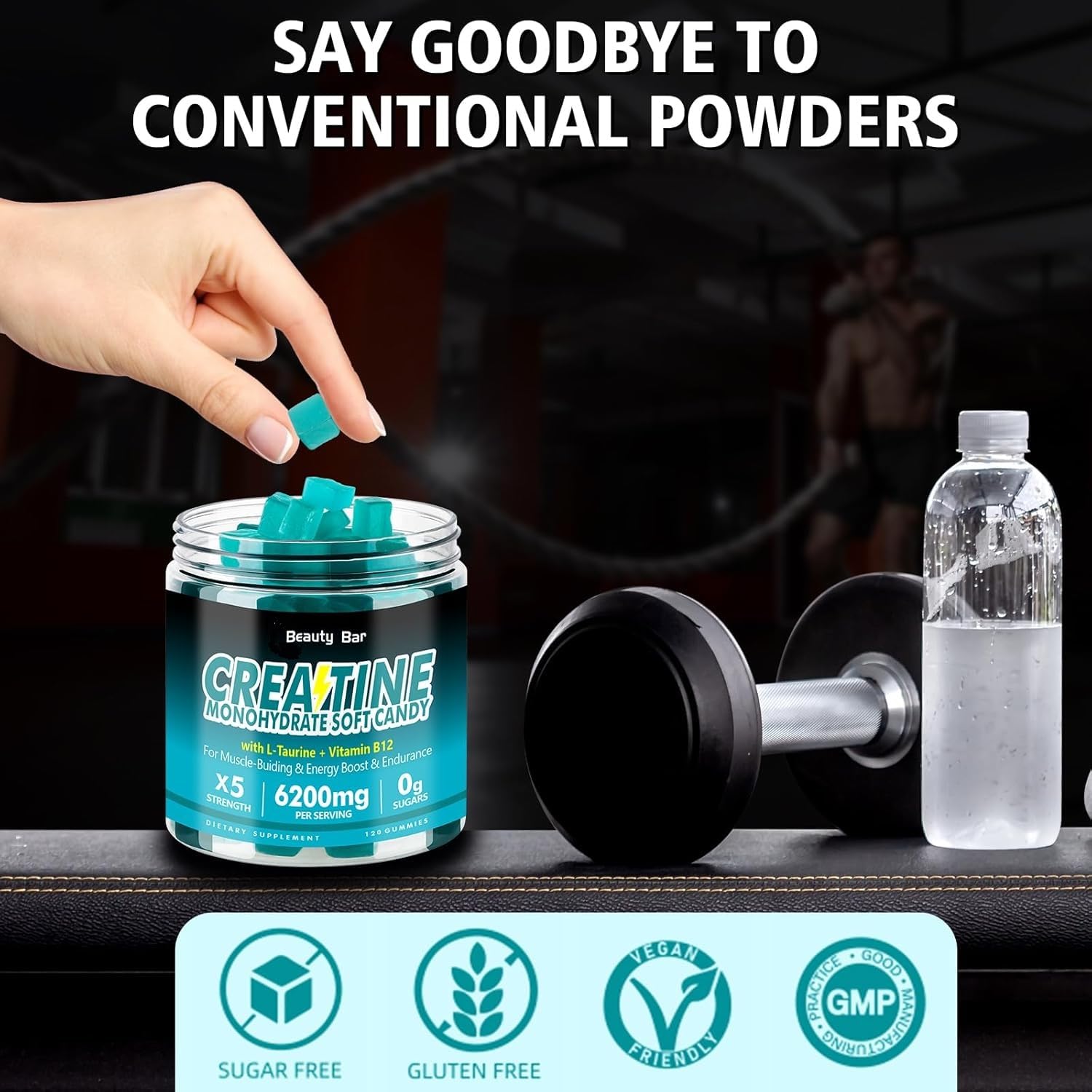 On-the-go bottle of Creatine Monohydrate Gummies for workouts