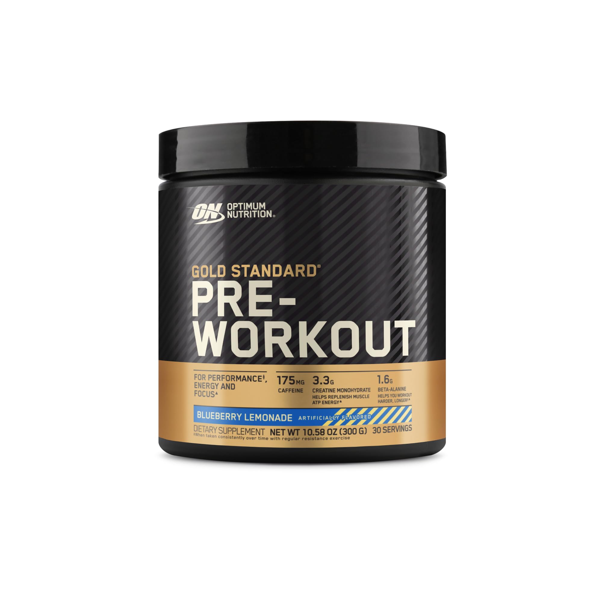 Front view of Optimum Nutrition Gold Standard Pre-Workout Blueberry Lemonade 30 servings