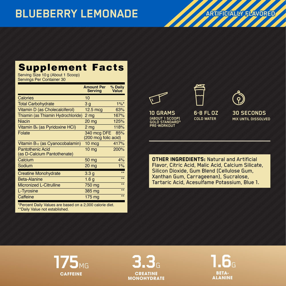 Gold Standard Pre-Workout Blueberry Lemonade label close-up
