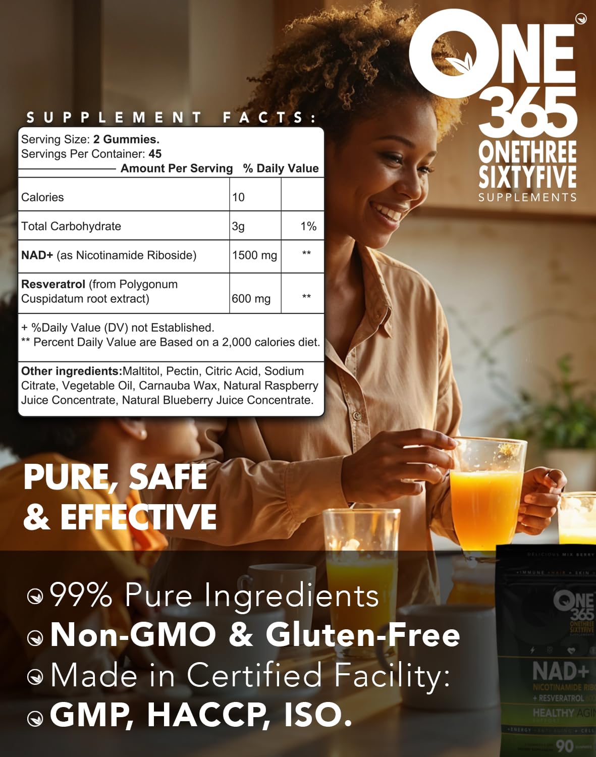 Serving size showing 2 gummies per serving with NR 1500mg and Resveratrol 600mg