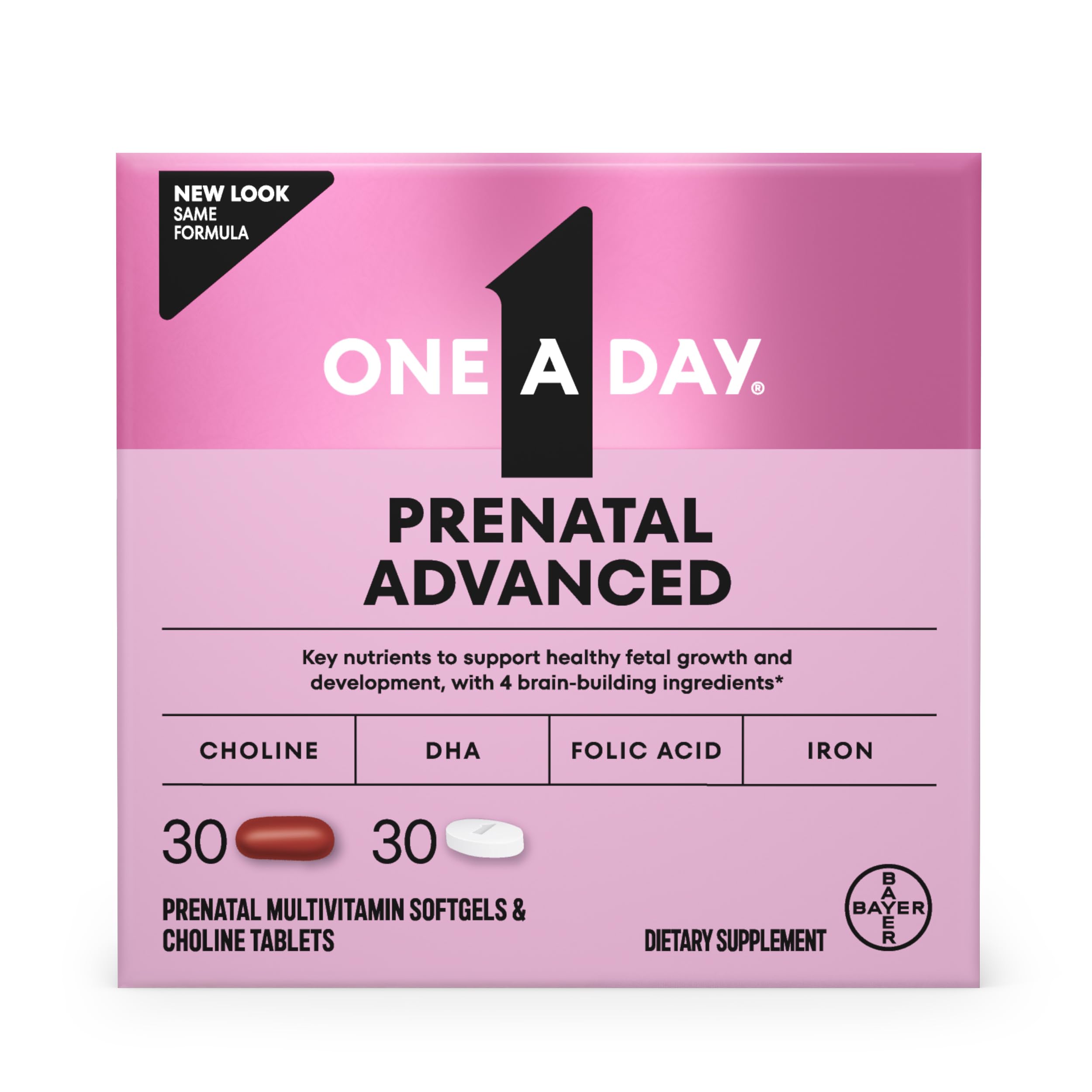 ONE A DAY Prenatal Advanced bottle front highlighting brain-building nutrients for pregnancy
