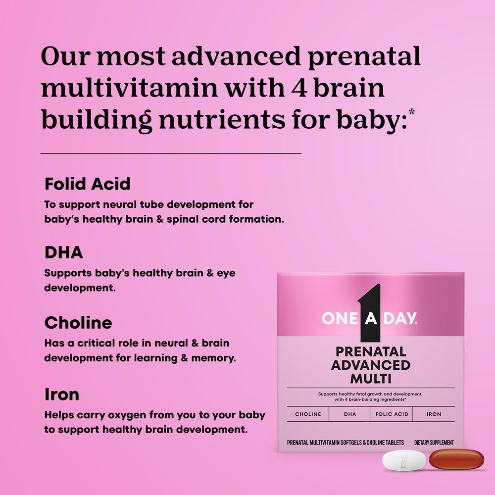 Close-up of One A Day Prenatal Advanced softgels highlighting DHA and iron benefits