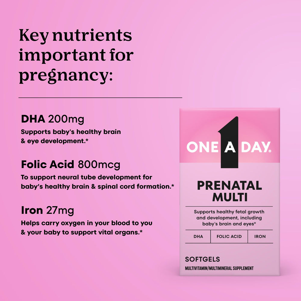 ONE A DAY Prenatal bottle label close-up showing folic acid and iron benefits