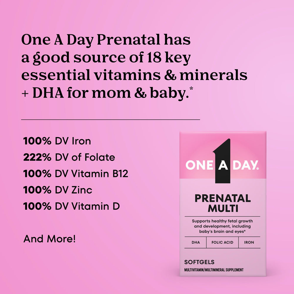 ONE A DAY Prenatal softgel capsules shown up close for easy daily dose