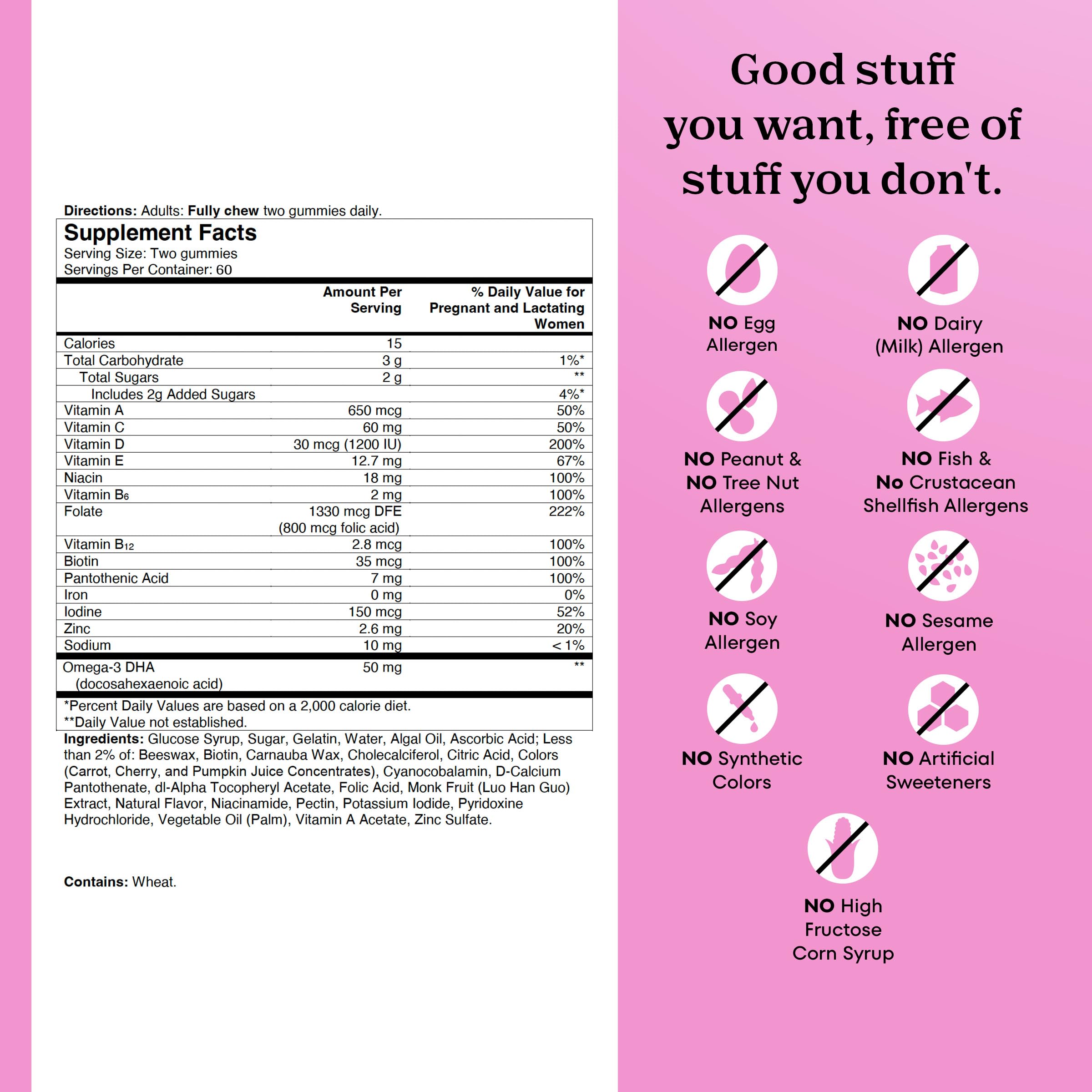 Nutrition facts panel for One A Day prenatal gummies