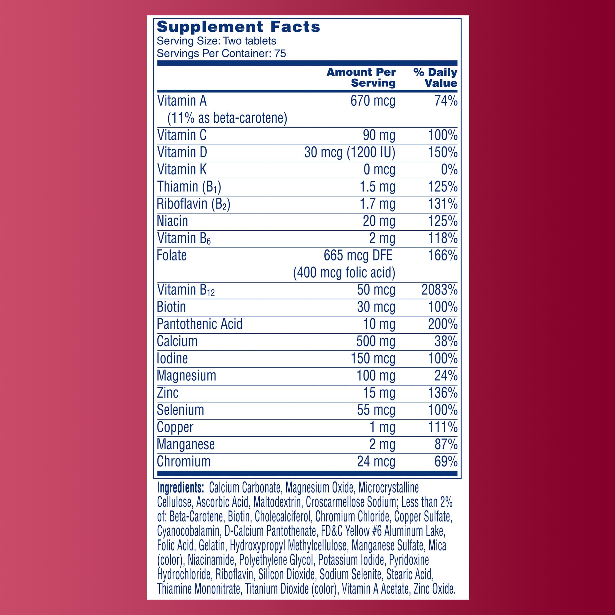 Dosage instruction showing two tablets daily with food