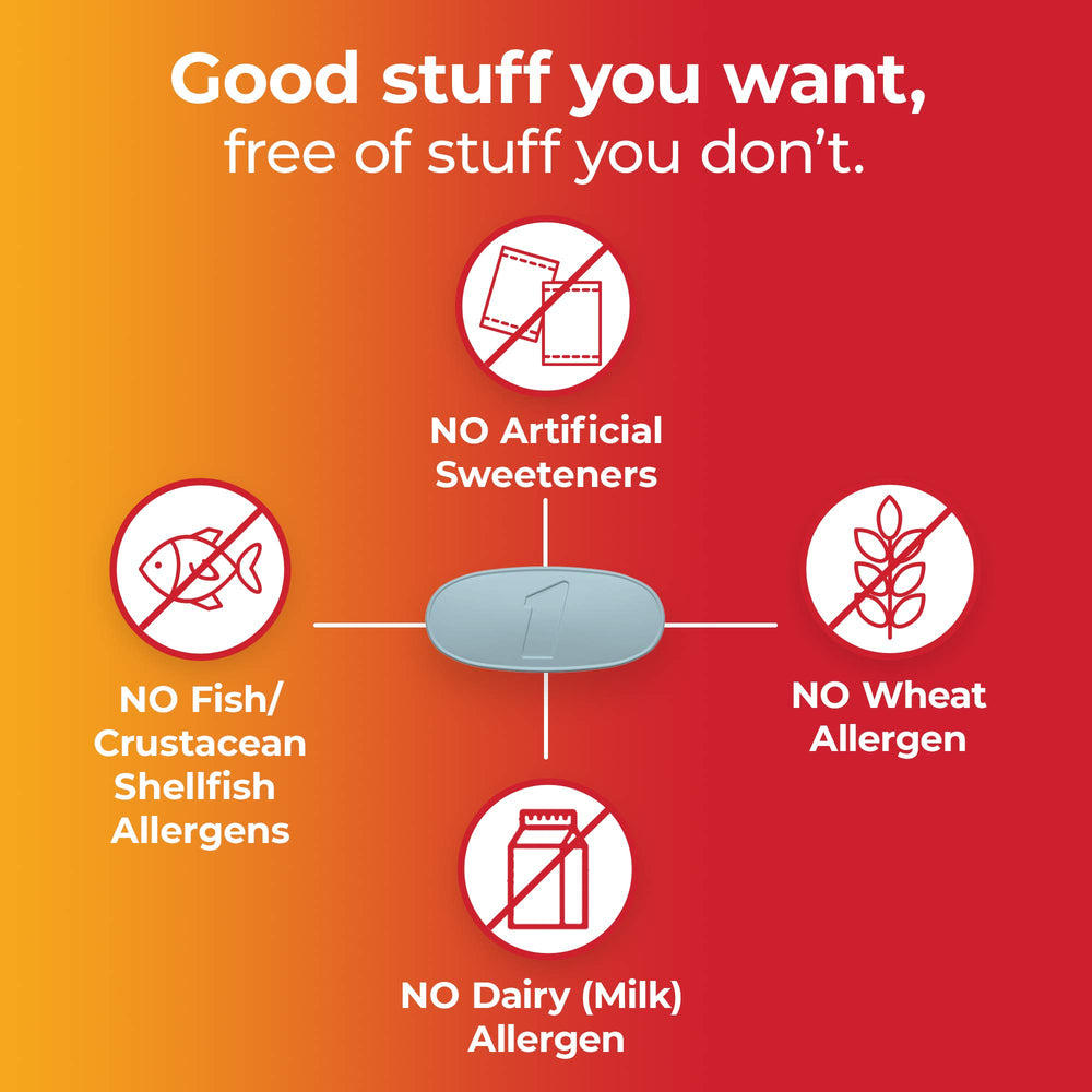 Allergen-free label: free from wheat and dairy with no artificial flavors or sweeteners