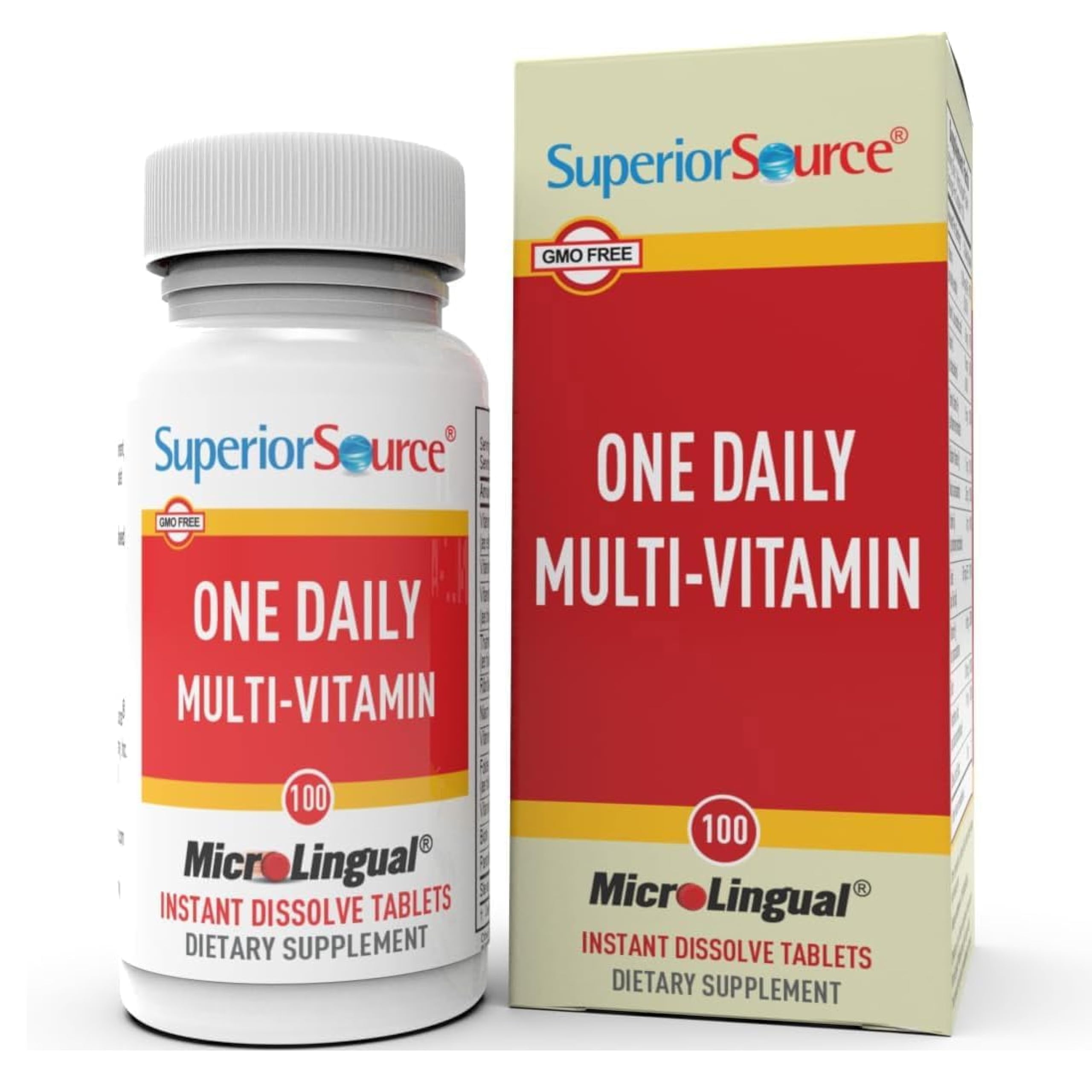Front view of Superior Source One Daily Multi-Vitamin bottle with 100 Instant Dissolve tablets