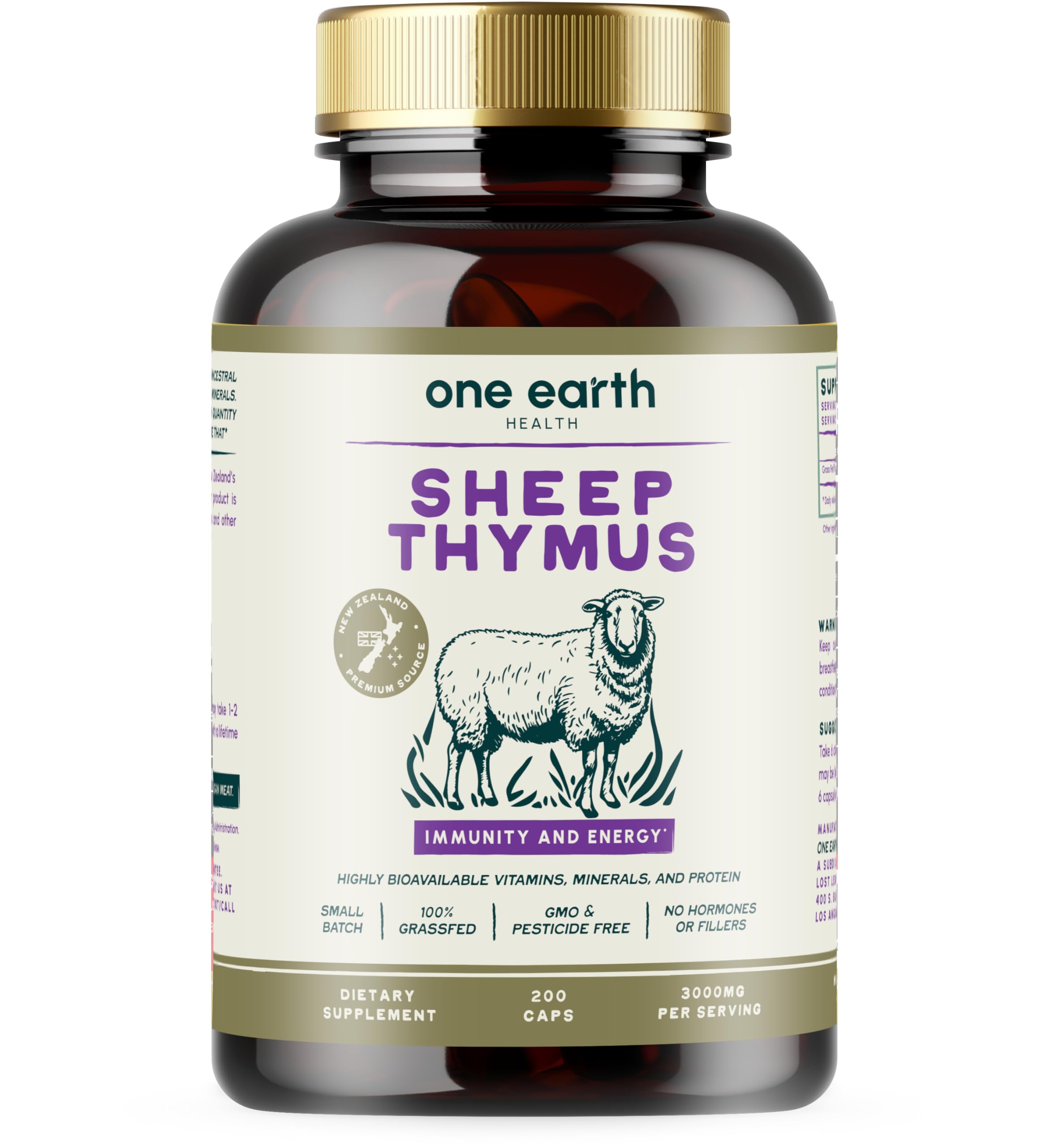 Bottle of One Earth Health Grass-Fed Thymus NZ-sourced, 200-count