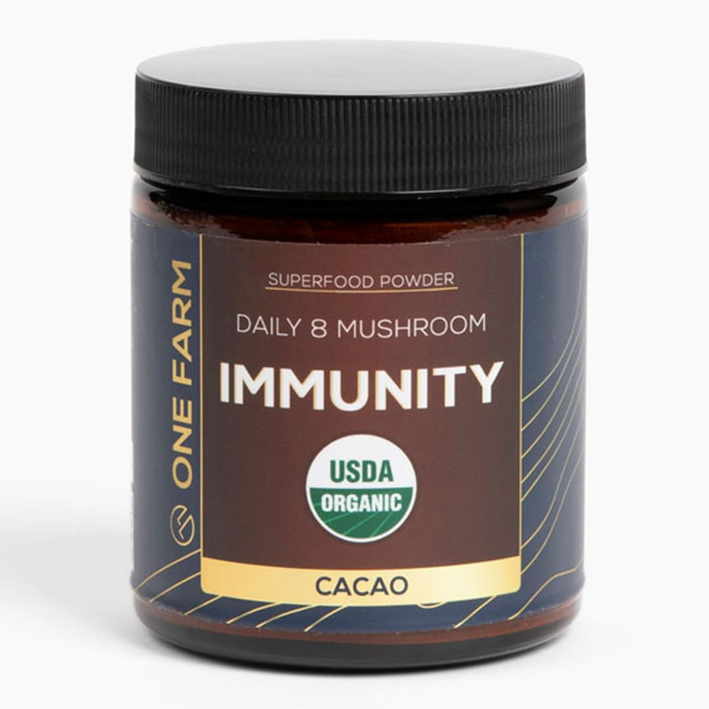 One Farm 8 Mushroom Immunity Powder in a glass jar