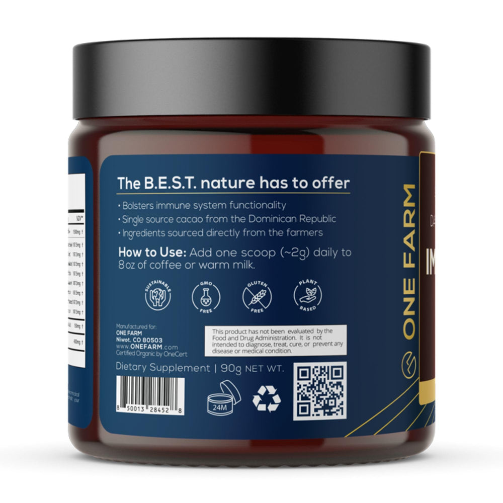 Resealable glass jar of One Farm 8 Mushroom Immunity Powder