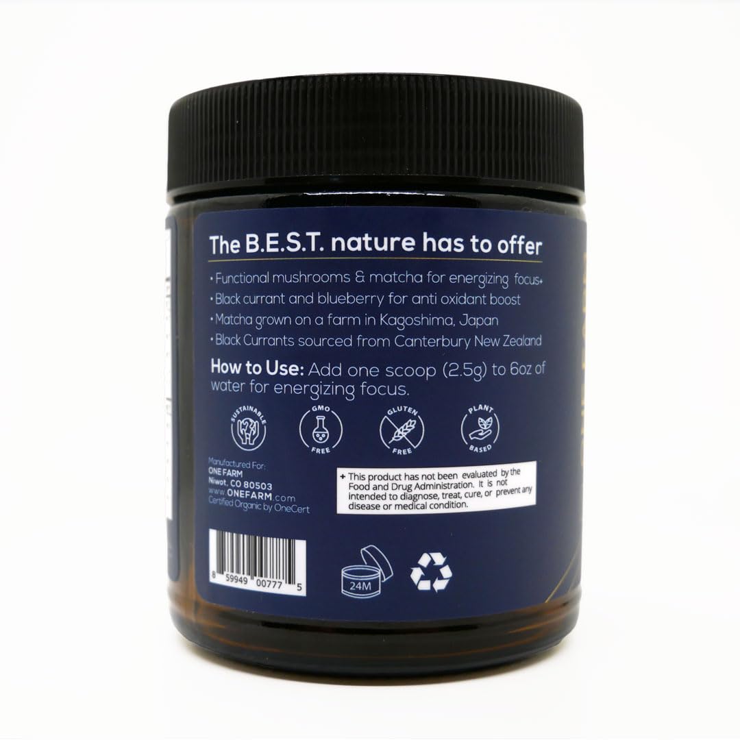 Close-up of One Farm Energizing Focus Powder Blend ingredients and scoop