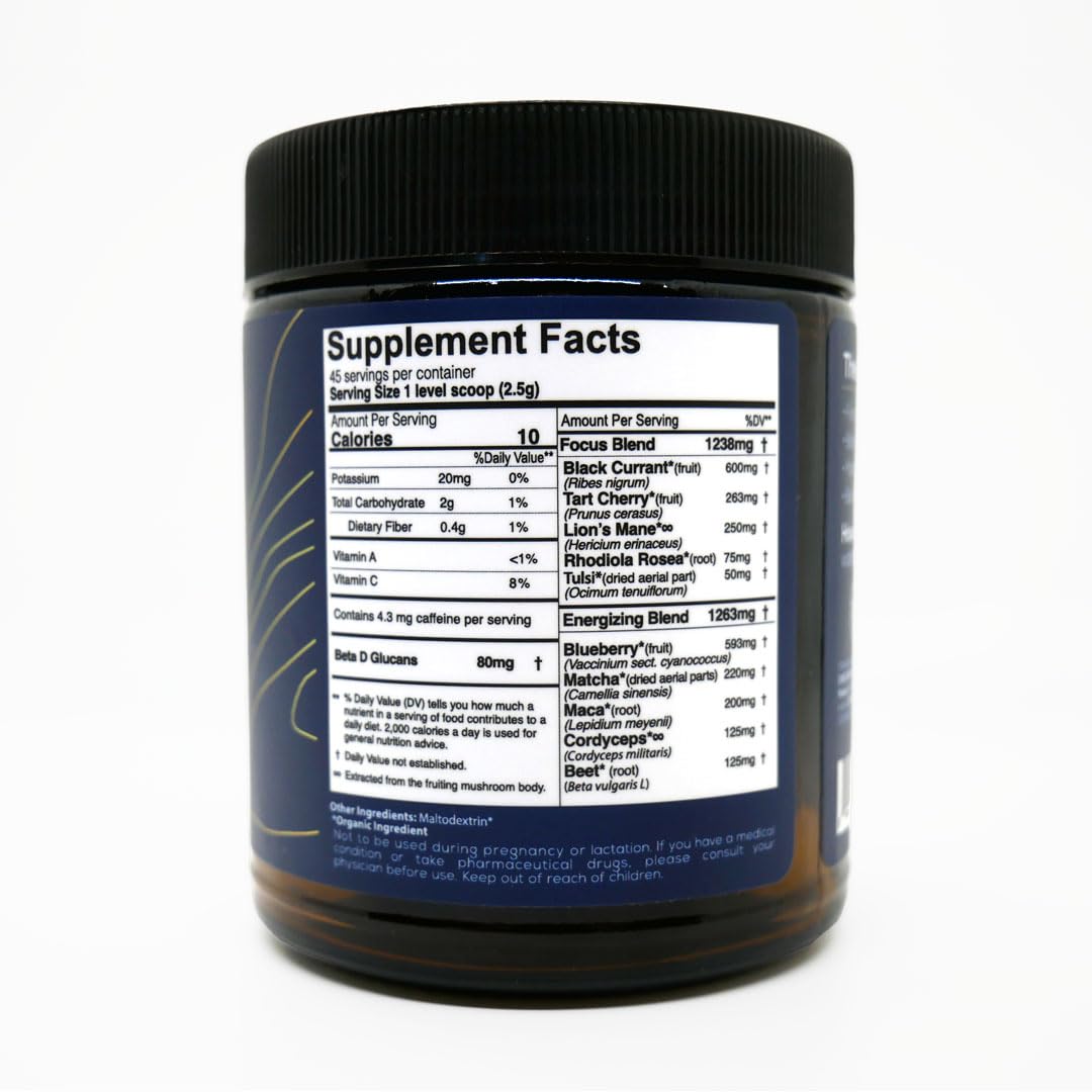 Resealable glass jar of One Farm Energizing Focus Powder Blend on kitchen counter