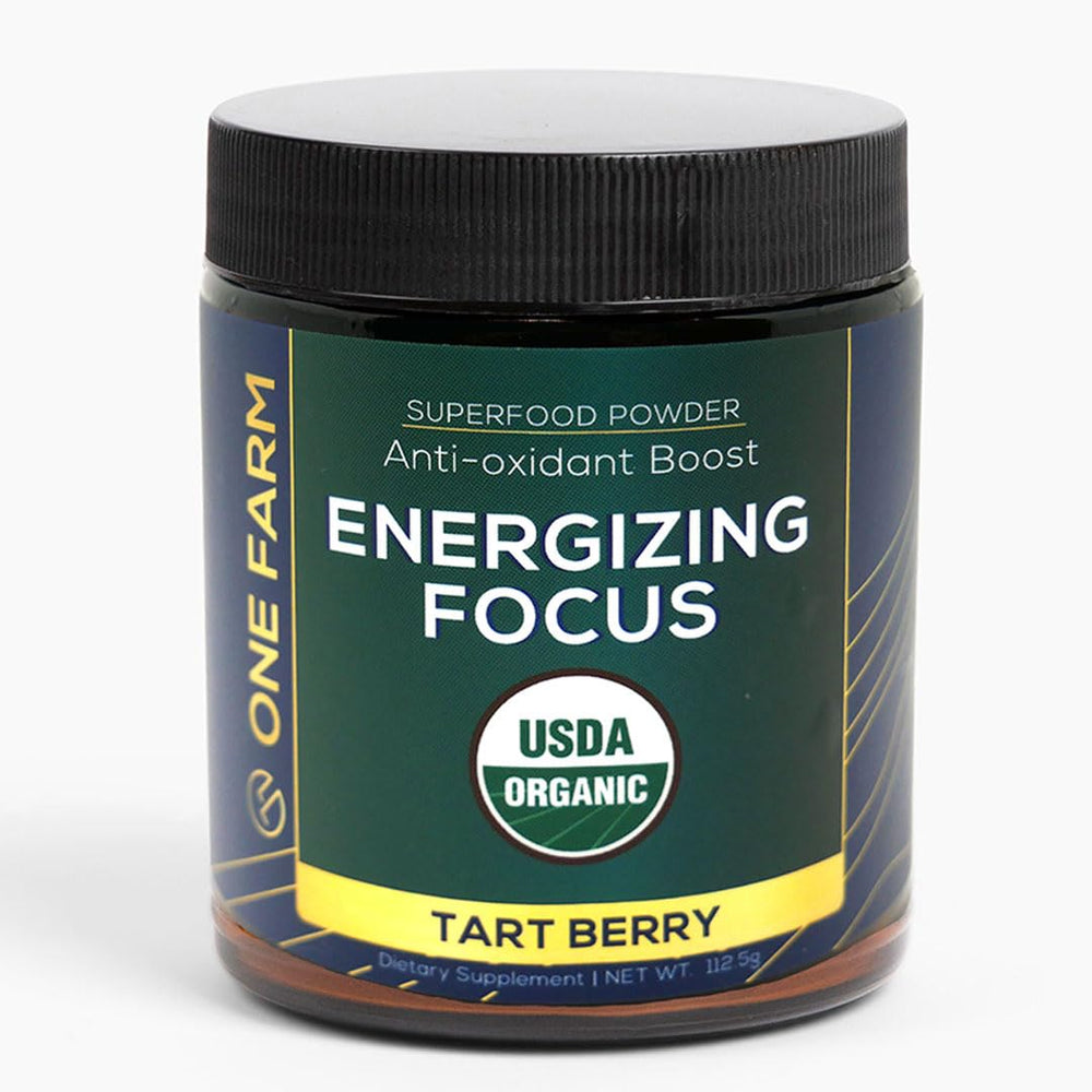 One Farm Energizing Focus Powder Blend jar shows resealable lid and focus-friendly routine
