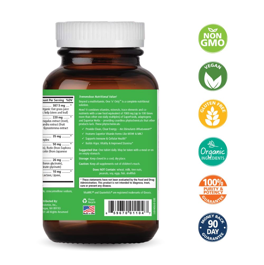 Back of One n Only Multivitamin label with supplement facts