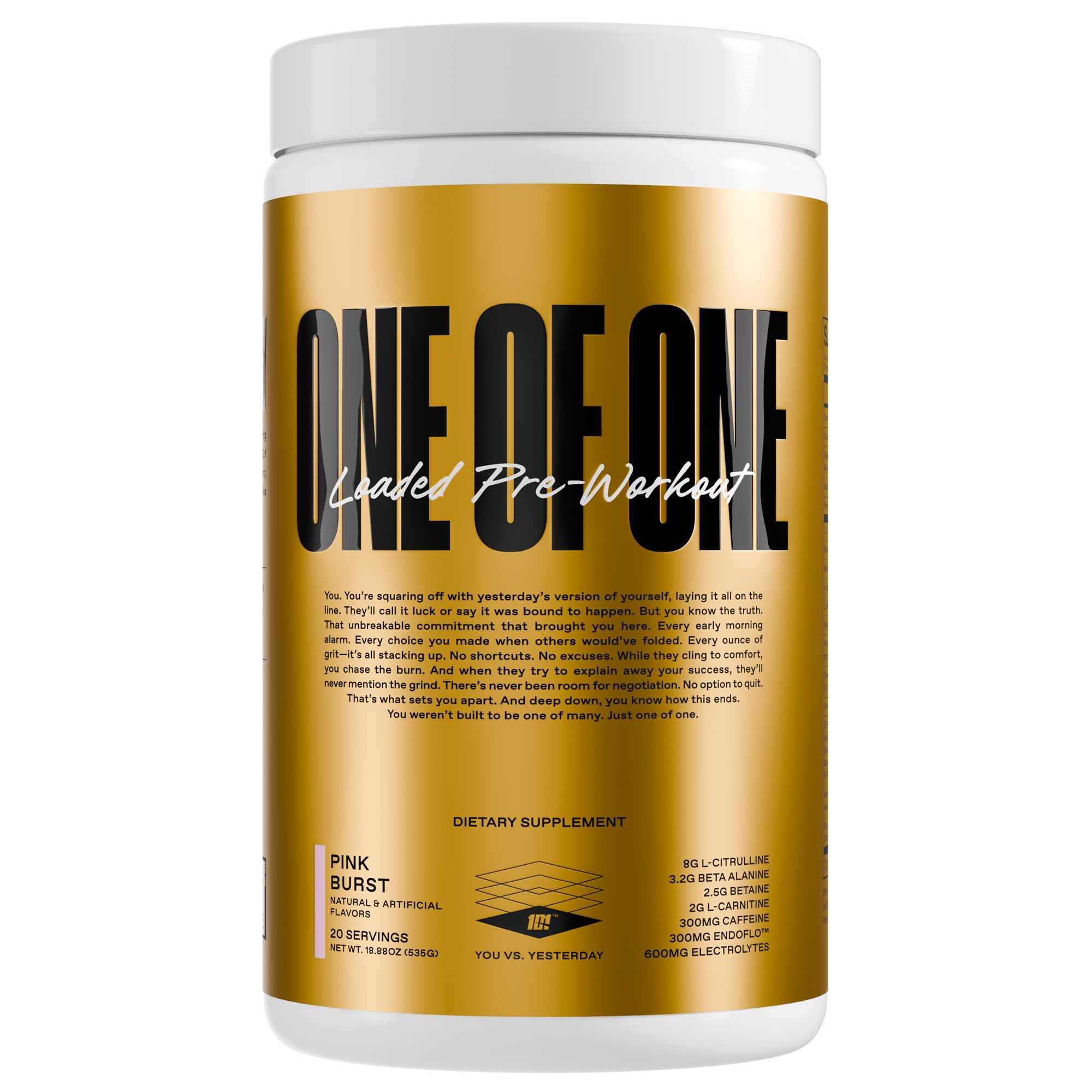 ONE OF ONE Loaded Pre-Workout Pink Burst bottle shows energy for workouts.