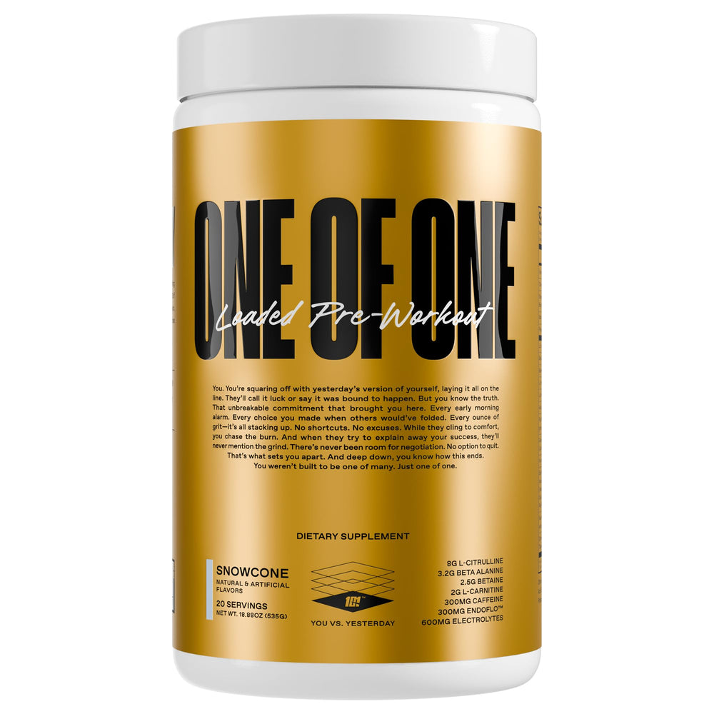 Front view of ONE OF ONE Loaded Pre-Workout Snow Cone bottle