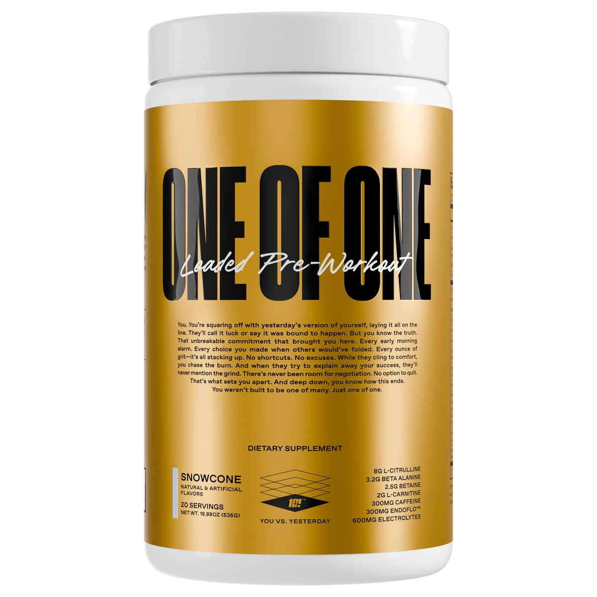 Front view of ONE OF ONE Loaded Pre-Workout Snow Cone bottle