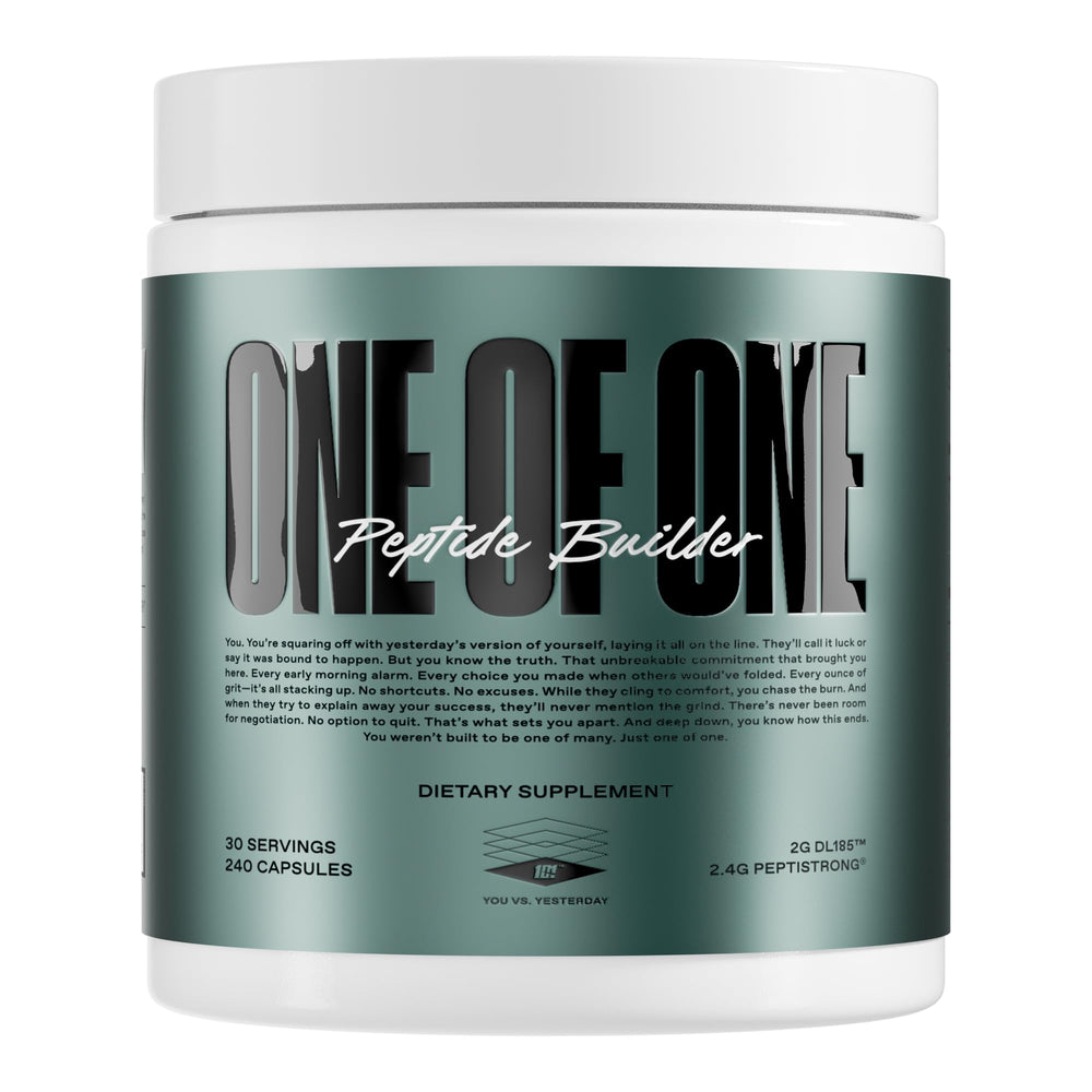 ONE OF ONE Peptide Builder bottle front for muscle-building formula visuals