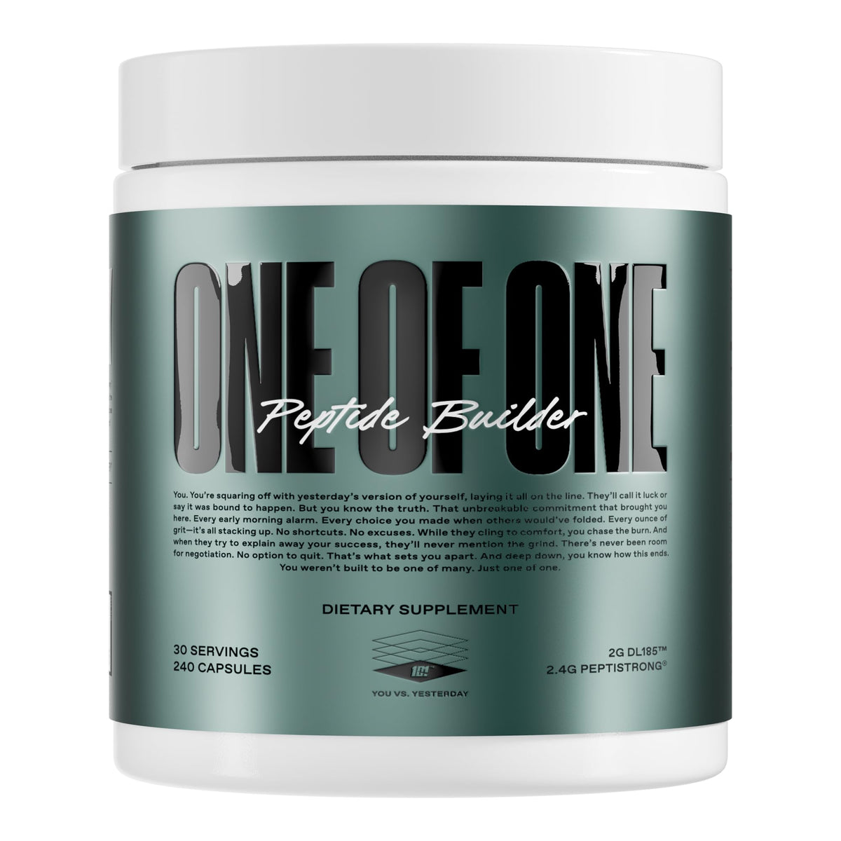 ONE OF ONE Peptide Builder bottle front for muscle-building formula visuals