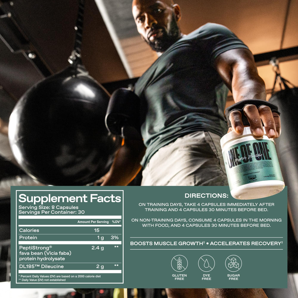 ONE OF ONE Peptide Builder bottle pour for post-workout recovery mixing