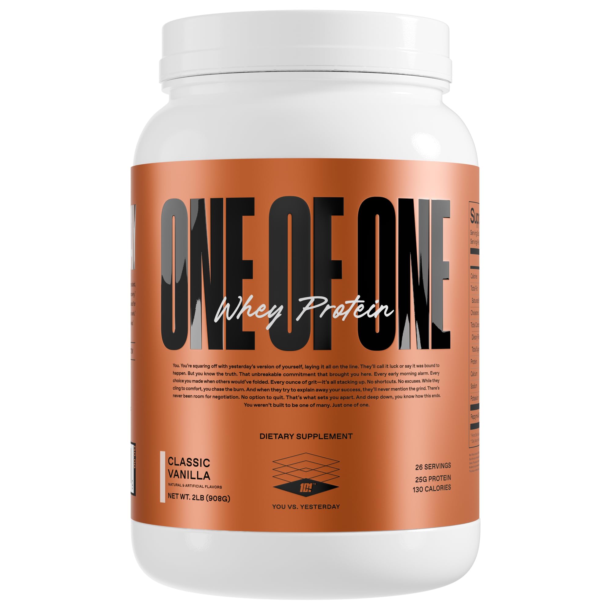 ONE OF ONE whey protein powder vanilla tub shows high-protein formula