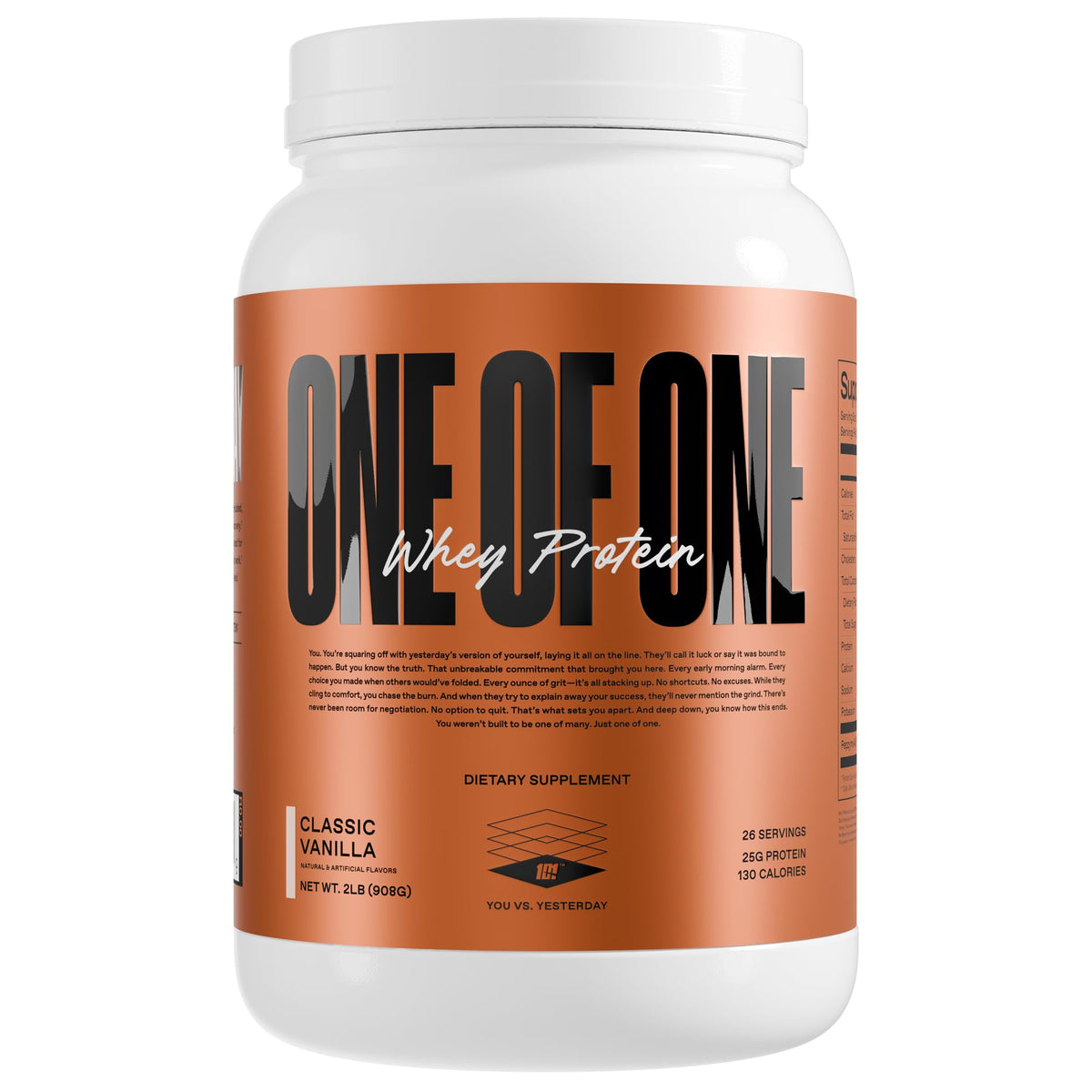 ONE OF ONE whey protein powder vanilla tub shows high-protein formula