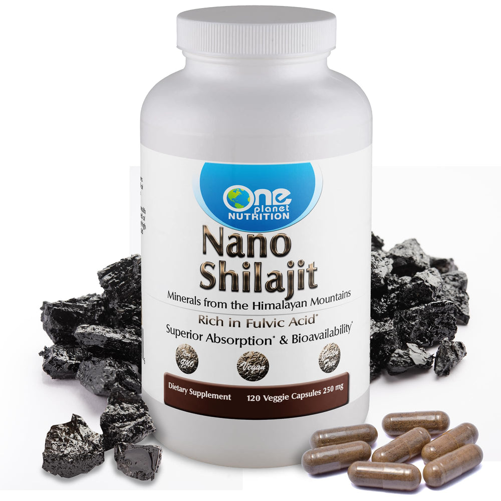 Bottle of One Planet Nutrition Nano Shilajit 250 mg Veggie Capsules with 120 servings