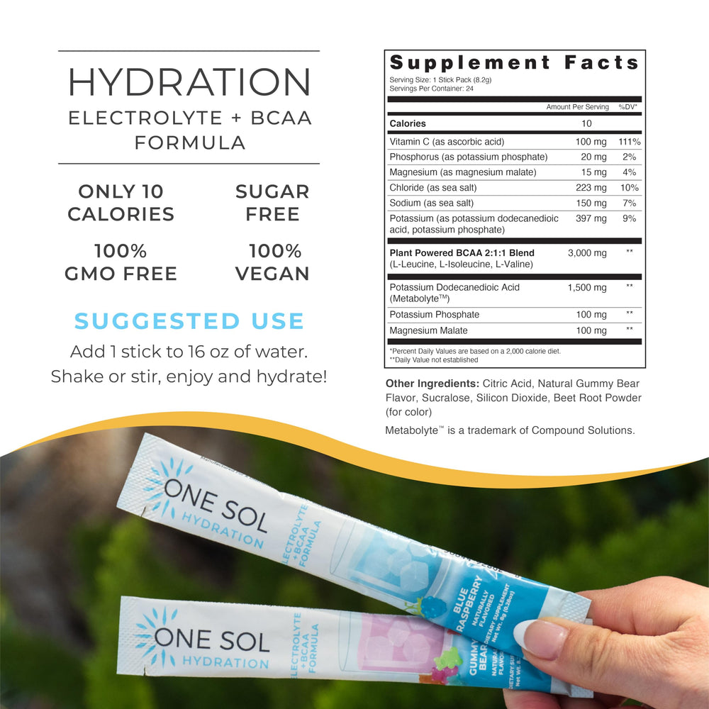 One Sol BCAA blue raspberry bottle highlights easy mixing for energized workouts.