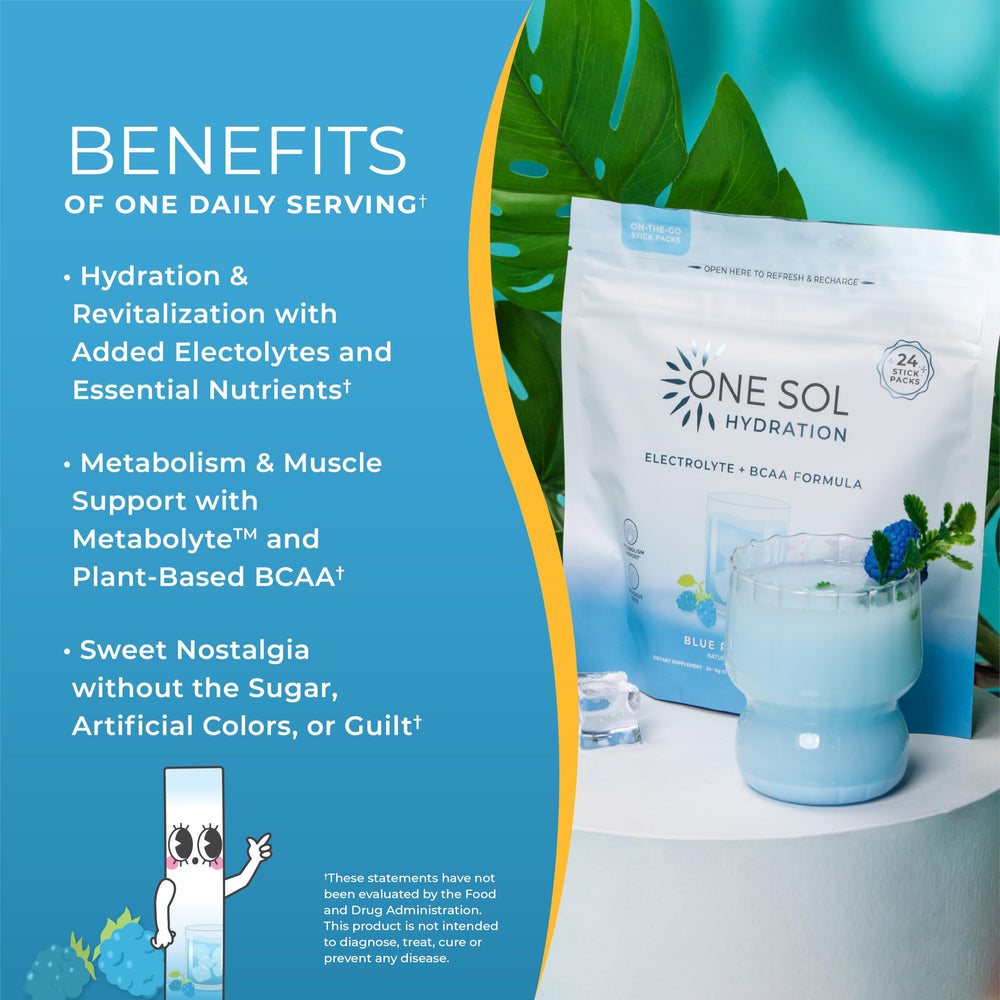 One Sol BCAA Electrolyte powder blue raspberry mix delivers refreshing hydration