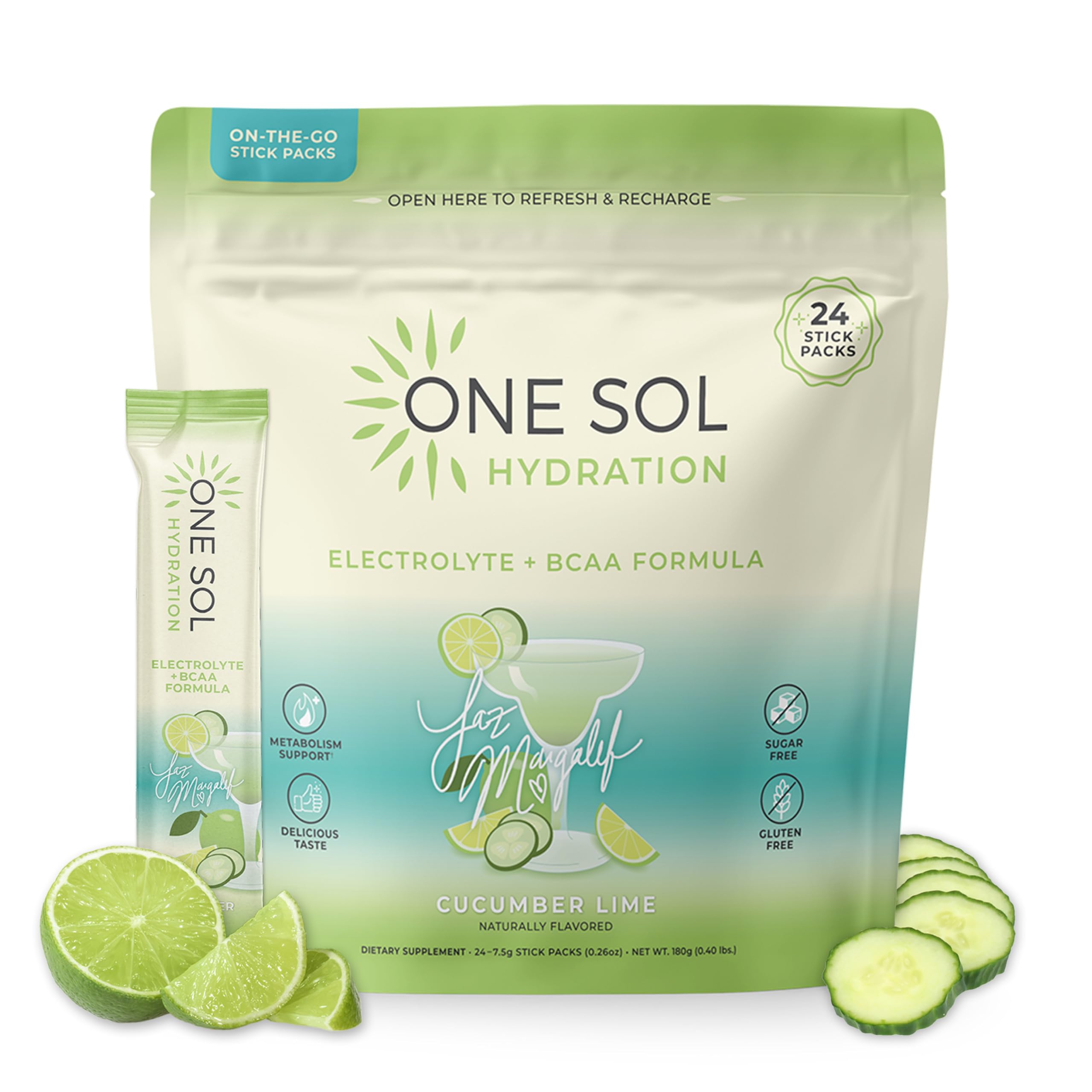 One Sol Hydration stick pack front view showing cucumber lime flavor for on-the-go hydration.