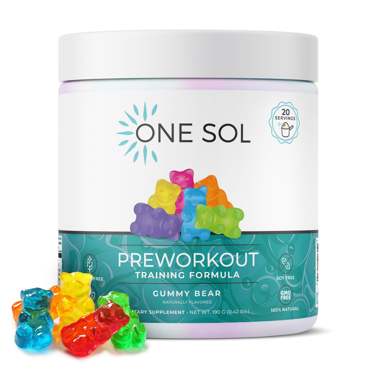 One Sol pre-workout tub front view designed for women, emphasizing energy for workouts.