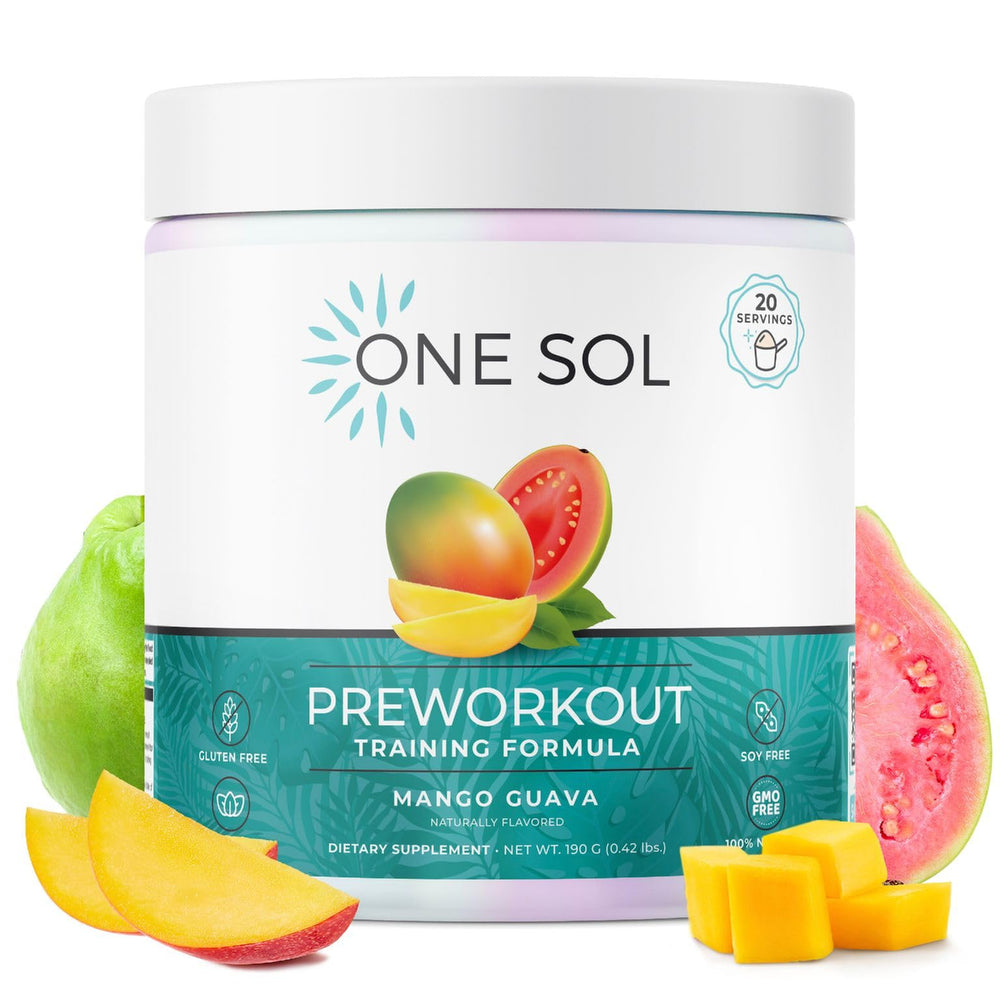 One Sol pre-workout women mango guava label highlighting natural ingredients and clean energy.