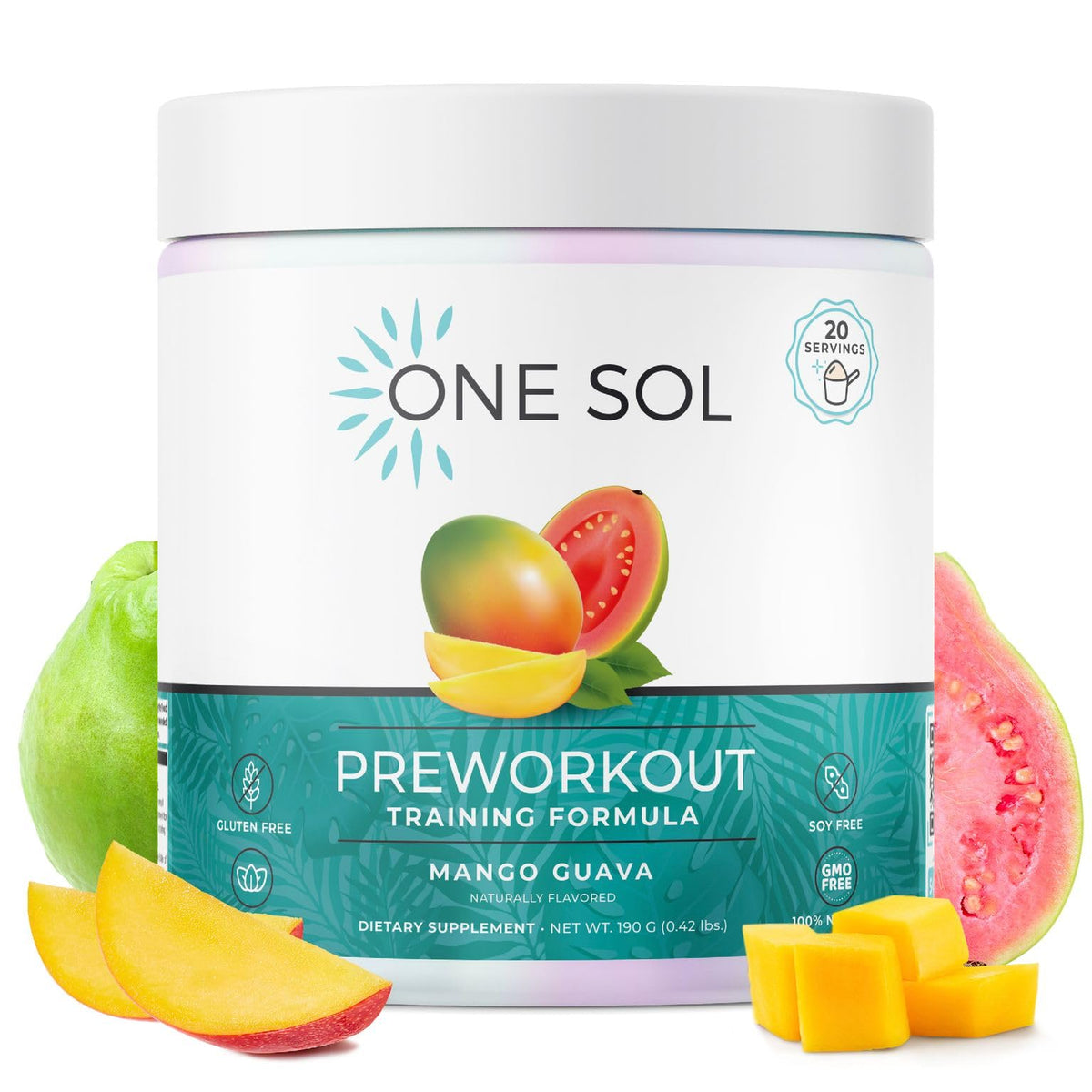 One Sol pre-workout women mango guava label highlighting natural ingredients and clean energy.