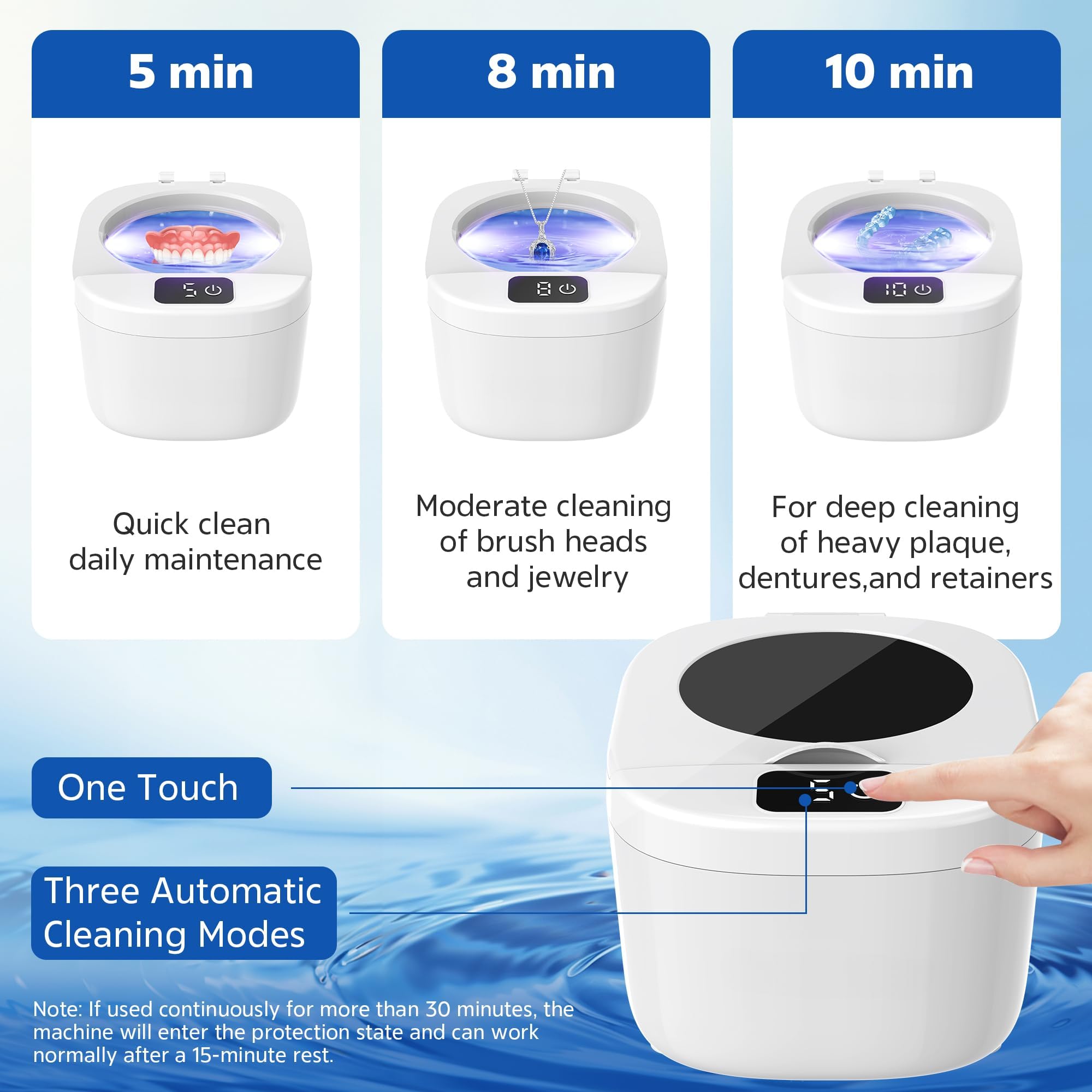 One-touch control interface of the retainer cleaner