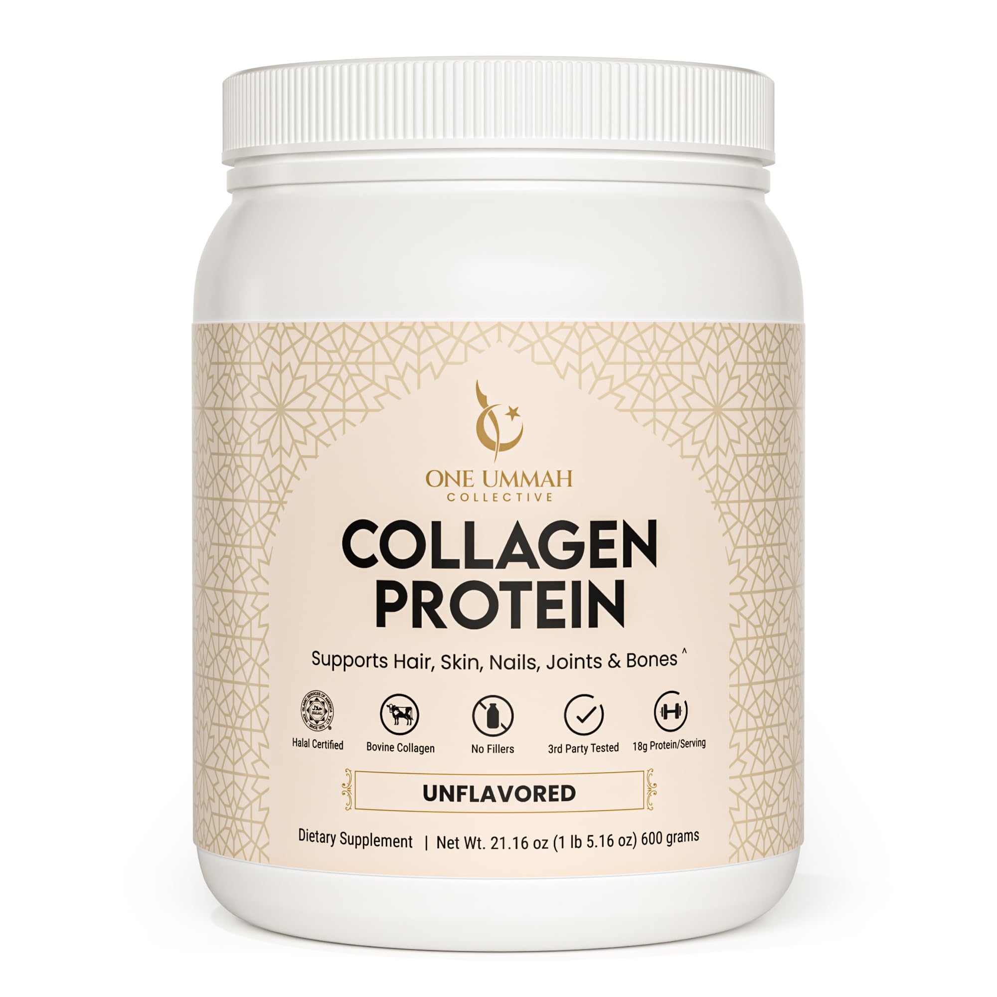 One Ummah Halal-Certified Collagen Peptides powder canister, unflavored