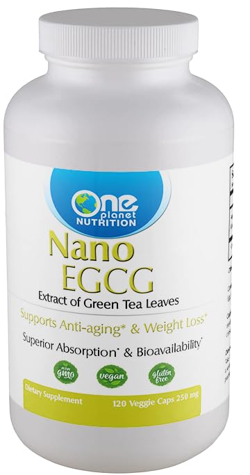 Bottle of One Planet Nutrition Nano EGCG capsules (250 mg, 120 servings).