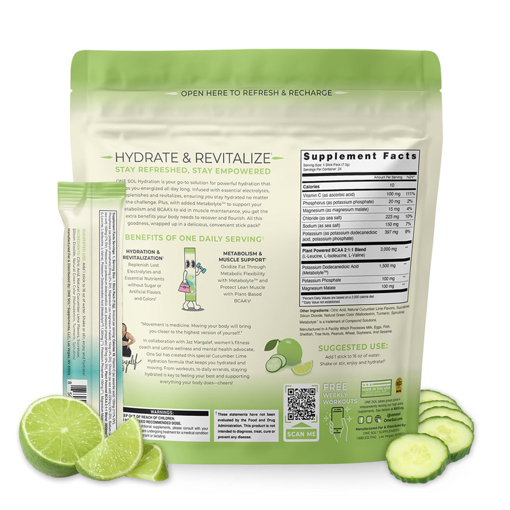 Serving sachet of One Sol Hydration Cucumber Lime with glass of water