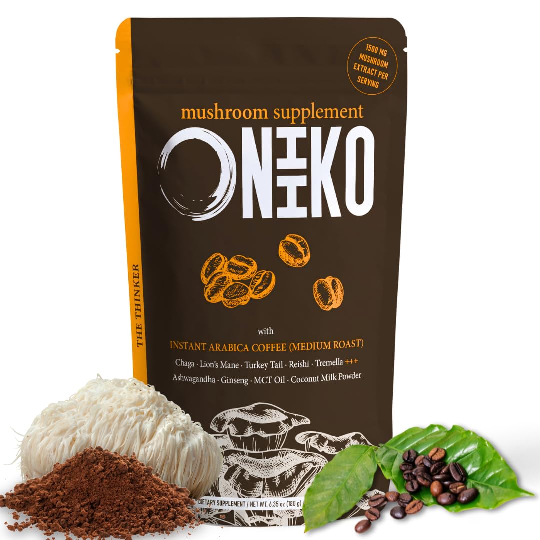 Oniiko Mushroom Coffee hero image with packaging on a clean background.