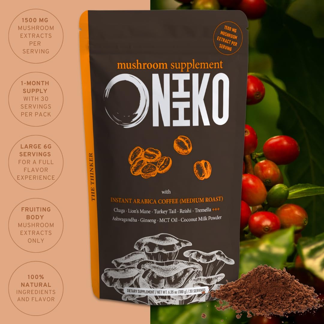 Illustration of supporting ingredients: Ginseng, Ashwagandha, and MCT oil.