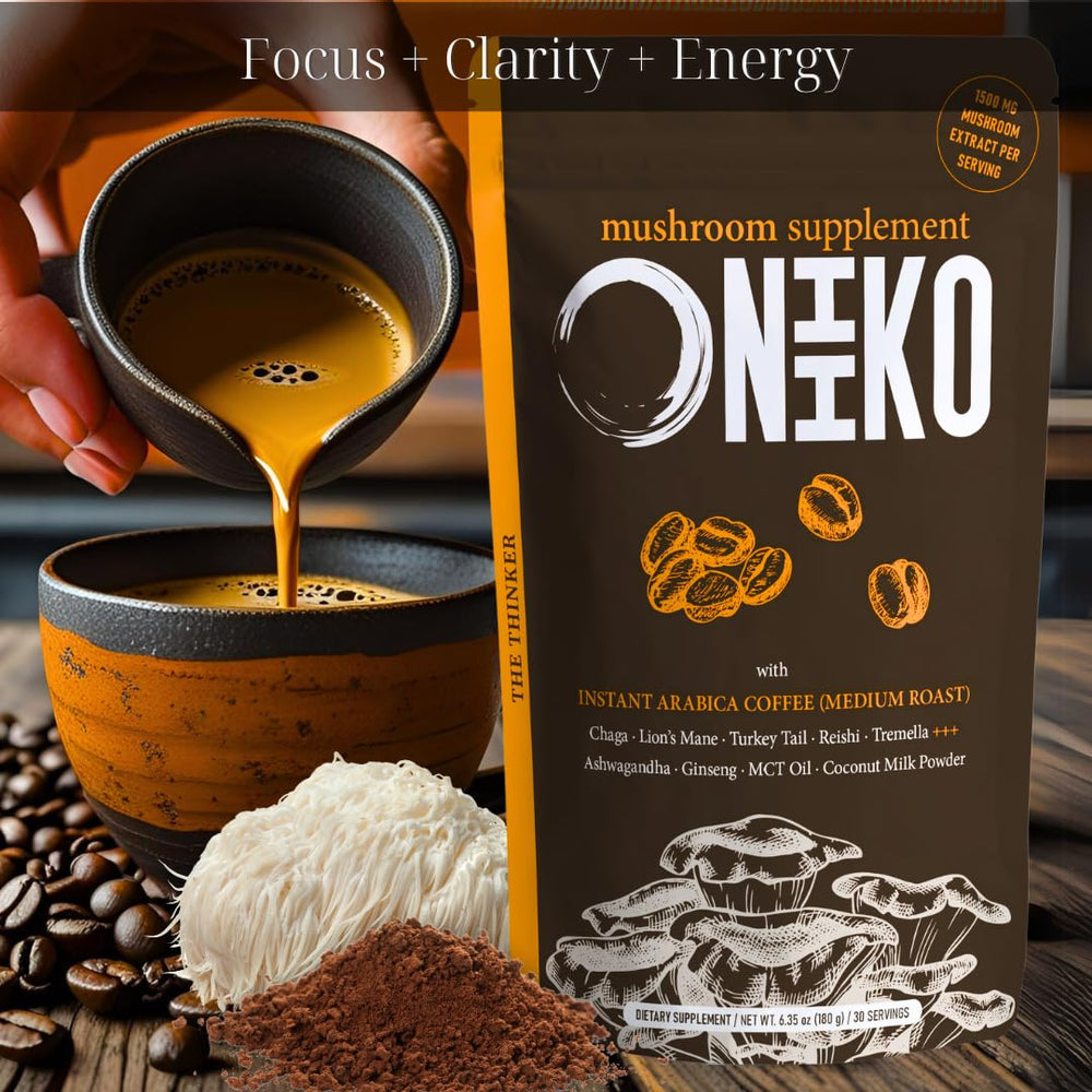 A prepared cup of Oniiko mushroom coffee with frothy plant-based milk addition.