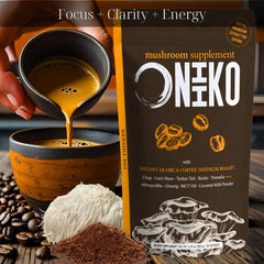 A prepared cup of Oniiko mushroom coffee with frothy plant-based milk addition.
