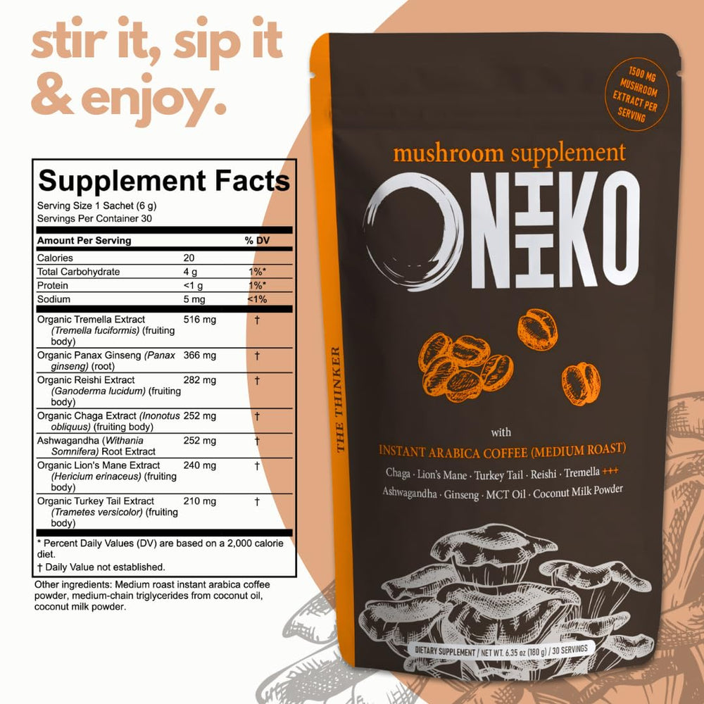 Close-up of Oniiko mushroom coffee sachet with powder visible.