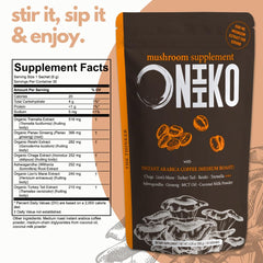 Close-up of Oniiko mushroom coffee sachet with powder visible.