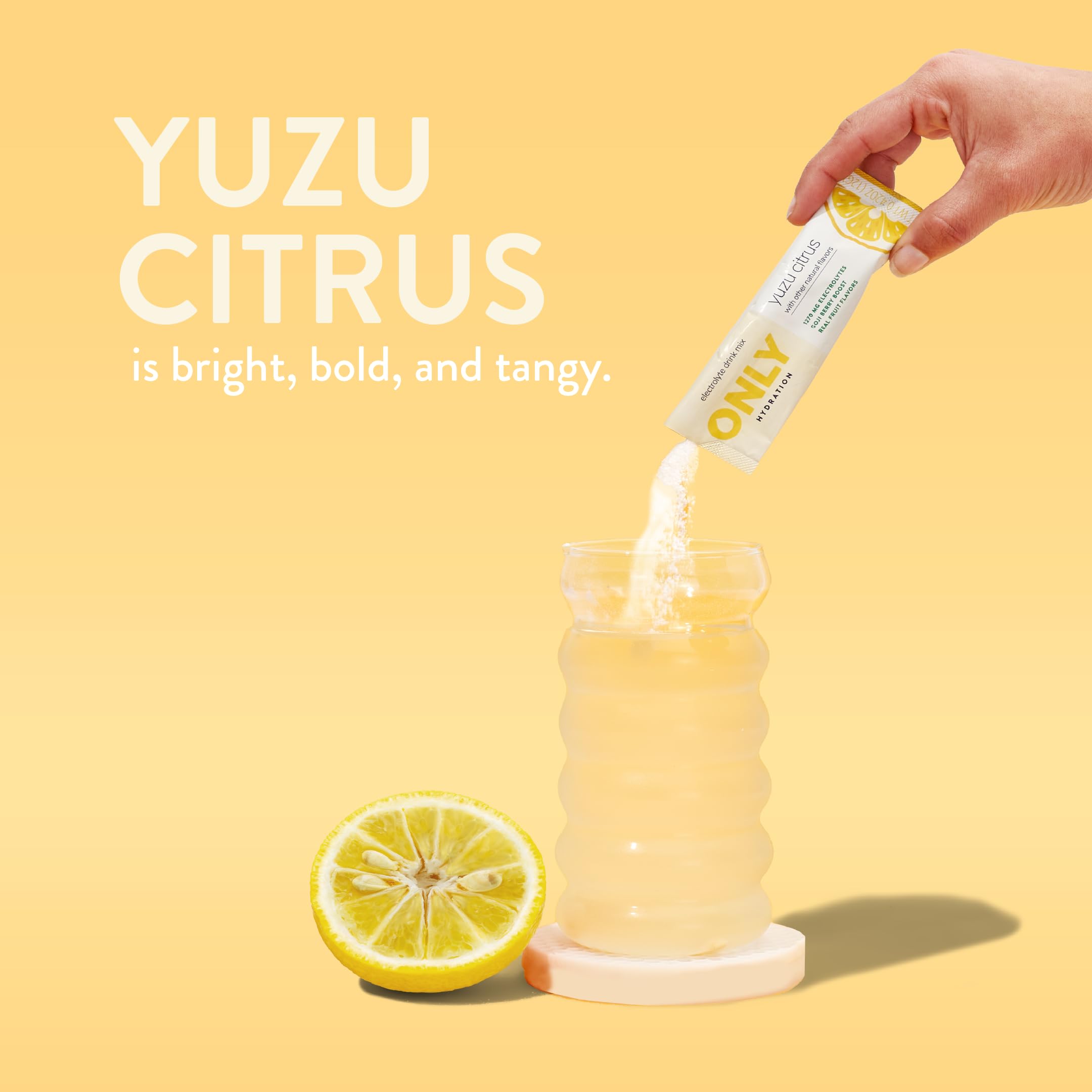 Only Hydration Yuzu electrolyte packets close-up highlights real fruit ingredients for natural flavor.